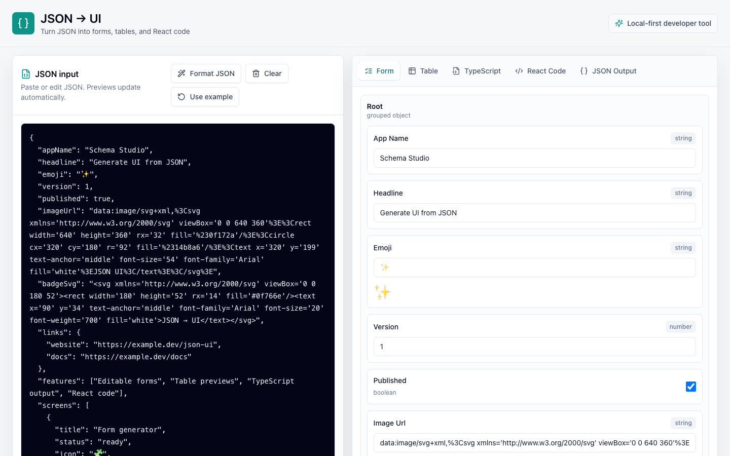 JSON UI Forge: the JSON editor beside the generated form and code output.